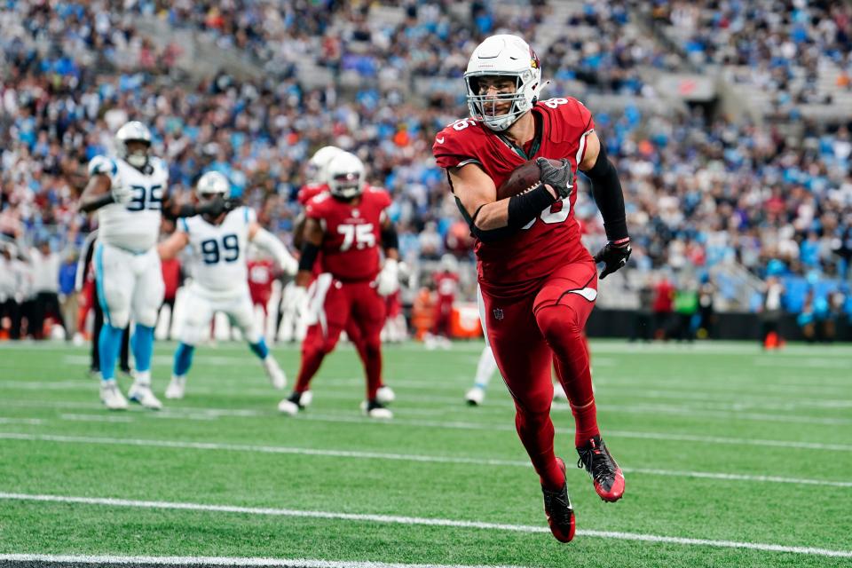 Arizona Cardinals tight end Zach Ertz runs for a touchdown against the Carolina Panthers during the second half of an NFL football game on Sunday, Oct. 2, 2022, in Charlotte, N.C.