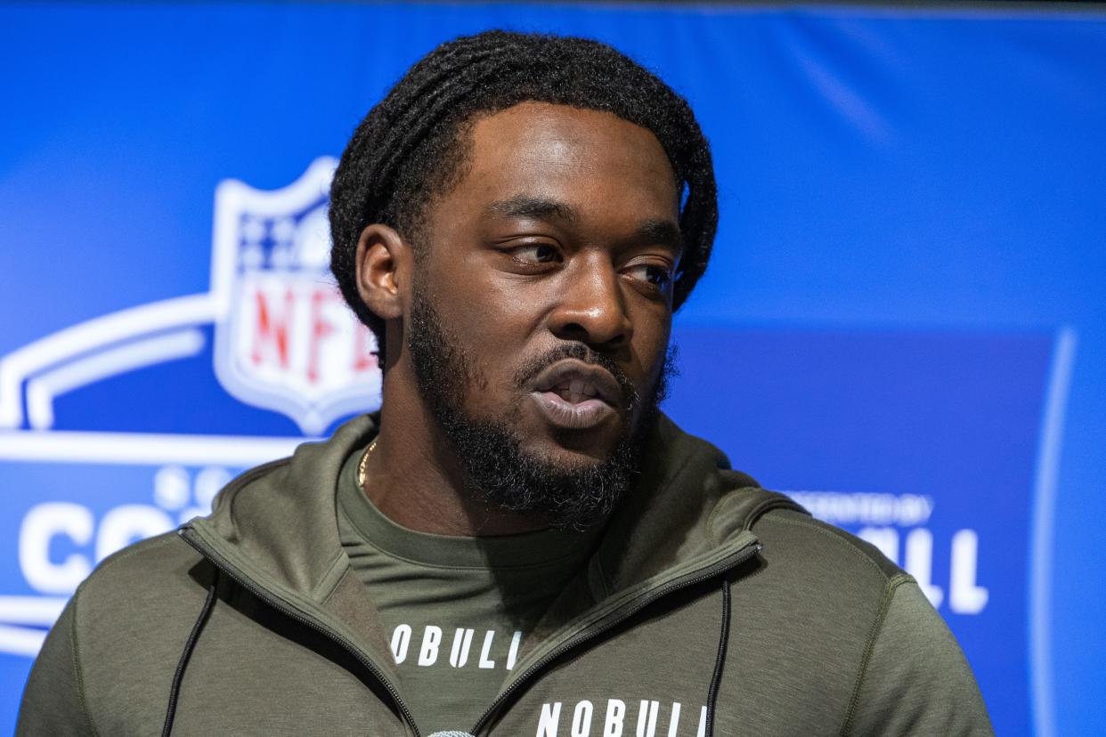 Lonnie Phelps speaks to the press at the NFL Combine, March 1, 2023, in Indianapolis.