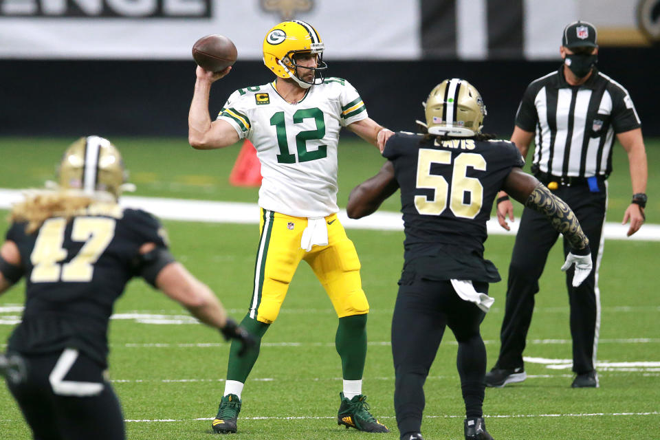 Aaron Rodgers led the Green Bay Packers to a 37-30 win over the New Orleans Saints on Sunday night. (Photo by Sean Gardner/Getty Images)