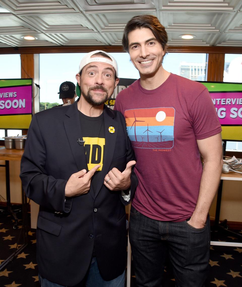 Director Kevin Smith, left, and actor Brandon Routh stopped by Bozz Prints in Valley Junction on a previous visit to Des Moines. Routh starred in Smith's "Zack and Miri Make a Porno" in 2008.