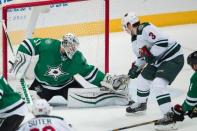 Apr 22, 2016; Dallas, TX, USA; Dallas Stars goalie Antti Niemi (31) makes a save on a shot by Minnesota Wild center Charlie Coyle (3) during the third period in game five of the first round of the 2016 Stanley Cup Playoffs at the American Airlines Center. Mandatory Credit: Jerome Miron-USA TODAY Sports