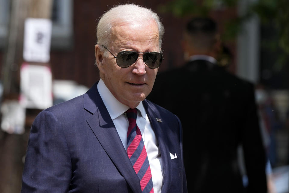 President Joe Biden departs after having lunch with family at Vietnam Cafe in Philadelphia, Monday, May 15, 2023, after attending his granddaughter Maisy Biden's commencement ceremony at the University of Pennsylvania. (AP Photo/Patrick Semansky)