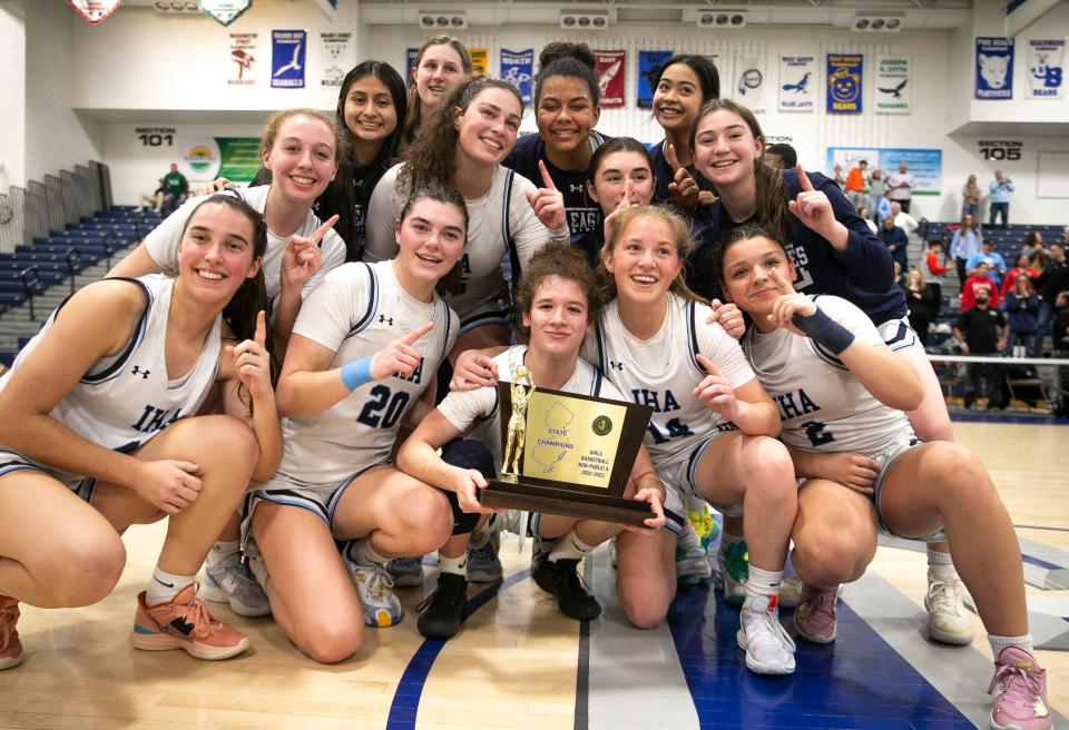 IHA’s Bella Asencio (1) celebrates the win with her team. St. John Vianney vs. Immaculate Heart Academy girls basketball tournament Non-Public A state championship. Toms River, NJSaturday, March 4, 2023