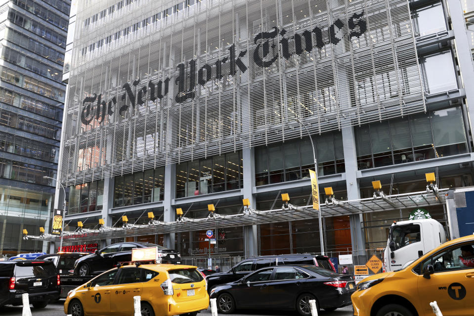 The New York Times headquarters, Thursday, Dec. 8, 2022. Hundreds of journalists and other staff picketed outside the Times' office after walking off the job for 24 hours, frustrated by contract negotiations that have dragged on for months in the newspaper's biggest labor dispute in more than 40 years. (AP Photo/Julia Nikhinson)