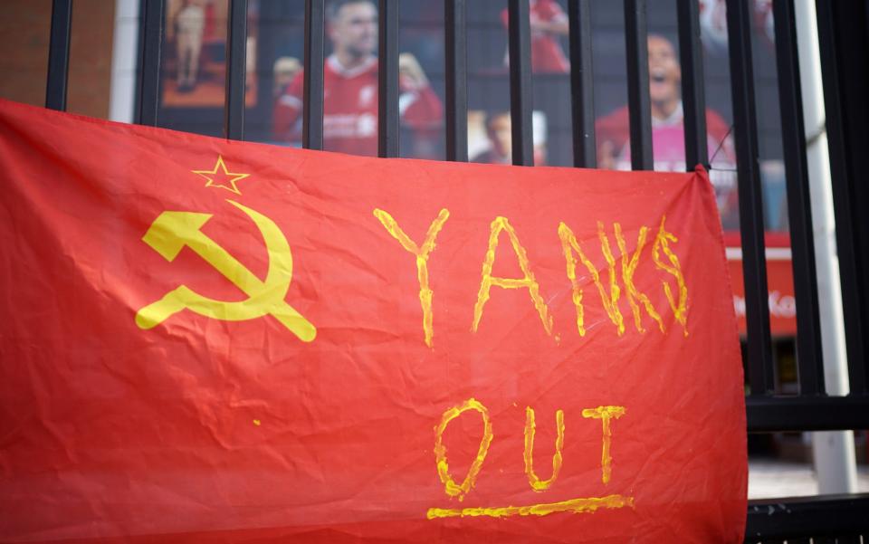 An anti-FSG banner is hung outside Anfield - Christopher Furlong /Getty Images Europe 