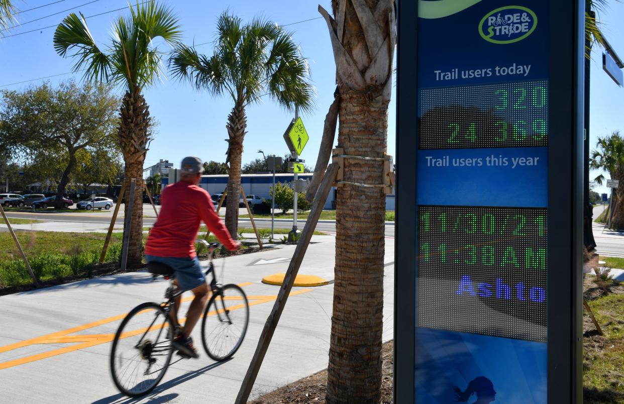 A sign near the Ashton Rd. crossing keeps track of how many people are using the Legacy Trail.