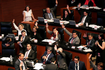 Senators of the ruling the National Regeneration Movement party (MORENA) raise their hands during a session to vote on creation of a militarized police force, National Guard, at the Senate in Mexico City, Mexico February 21, 2019. REUTERS/Violeta Schmidt