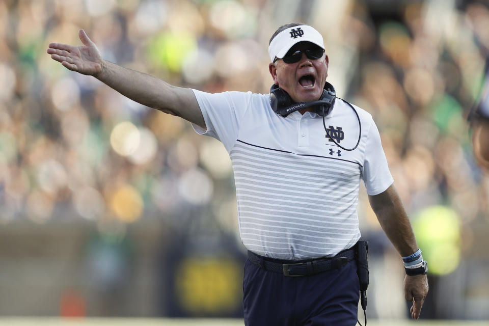 Notre Dame head coach Brian Kelly argues a call in the second half of an NCAA college football game against New Mexico in South Bend, Ind., Saturday, Sept. 14, 2019. (AP Photo/Paul Sancya)