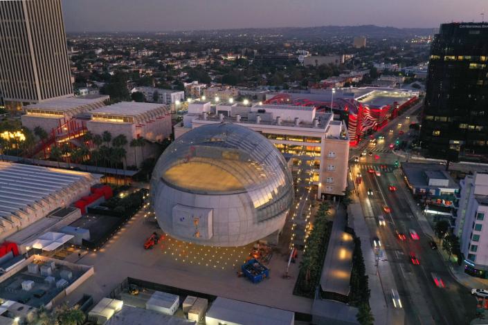 An aerial view of the Academy Museum of Motion Pictures and its signature dome