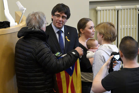 FILE PHOTO: Pro-independence Catalonia's deposed leader Carles Puigdemont lectures at the University of Helsinki, Finland March 23, 2018. Lehtikuva/Markku Ulander/via REUTERS