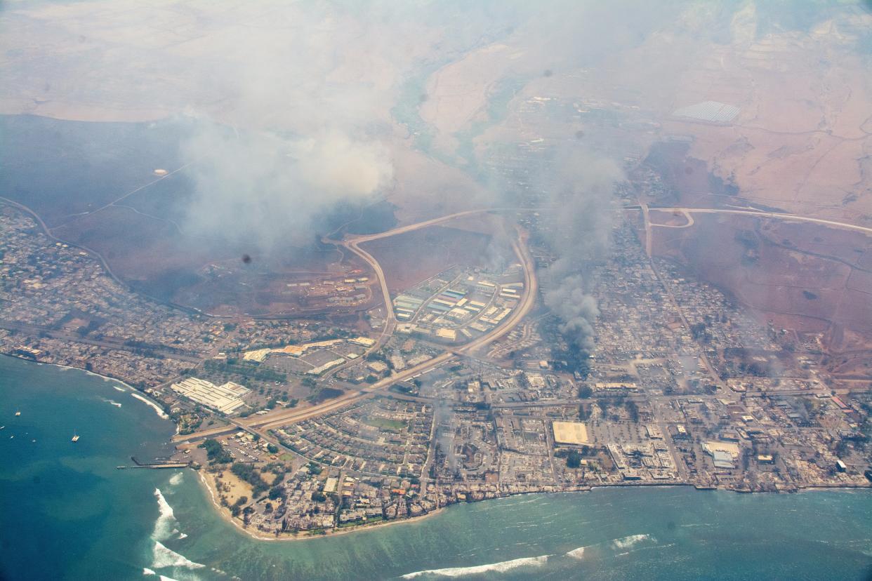 A handout photo made available by the Hawaii Wing Civil Air Patrol shows an aerial view of damage caused by the wildfires (EPA)