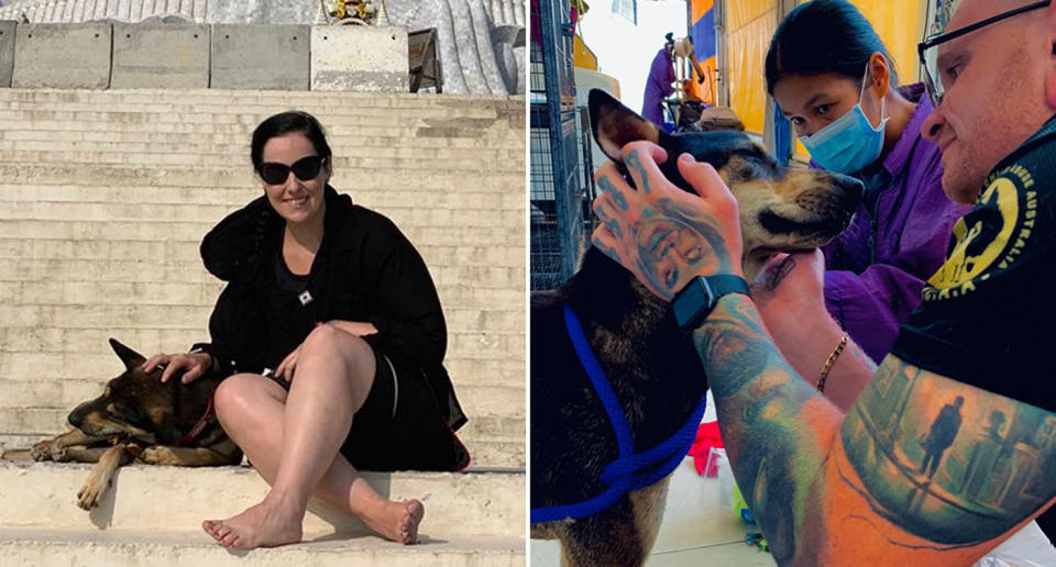 Matty Miles (right) with Burt at the vet and (left) Ms Hughes sits on steps with Burt near the Buddha statue. Source: Supplied