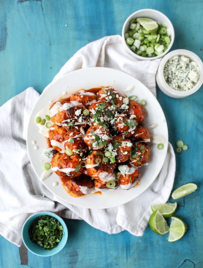 <strong>Get the<a href="https://www.howsweeteats.com/2017/01/slow-cooker-buffalo-chicken-meatballs/" target="_blank"> Slow Cooker Buffalo Chicken Meatballs</a> recipe from How Sweet Eats</strong>