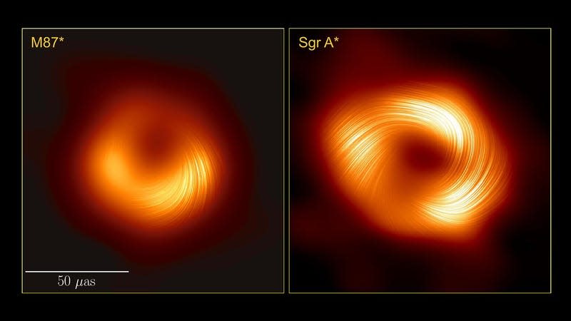 Polarized images of M87 (left) and Sgr A* (right). - Image: <a class="link " href="https://www.eso.org/public/images/eso2406b/" rel="nofollow noopener" target="_blank" data-ylk="slk:EHT Collaboration;elm:context_link;itc:0;sec:content-canvas">EHT Collaboration</a>