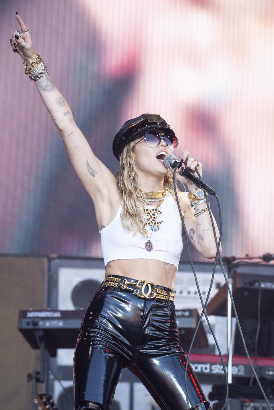 Miley Cyrus performs live on the Pyramid Stage at Worthy Farm, Pilton, Somerset. Picture date: Sunday 30th June 2019.  Photo credit should read:  David Jensen/EMPICS Entertainment