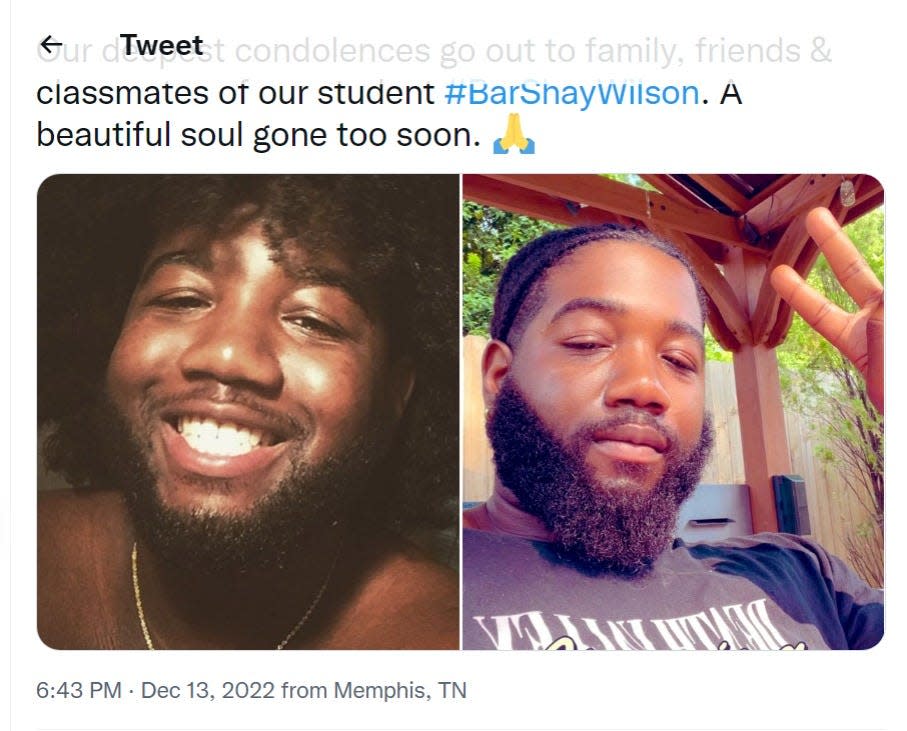 The University of Memphis College of Health Sciences tweeted condolences to the family and friends of 25-year-old BarShay Wilson. Police arrested one man on Friday, Jan. 6, 2023, and charged him with killing Wilson.