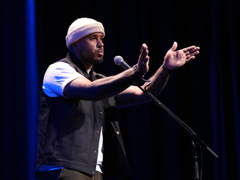 Billy 'B.WELL' Weathers tells his story during the Des Moines Register's Storytellers Project at Hoyt-Sherman Place in Des Moines on Tuesday, Oct. 25, 2022.