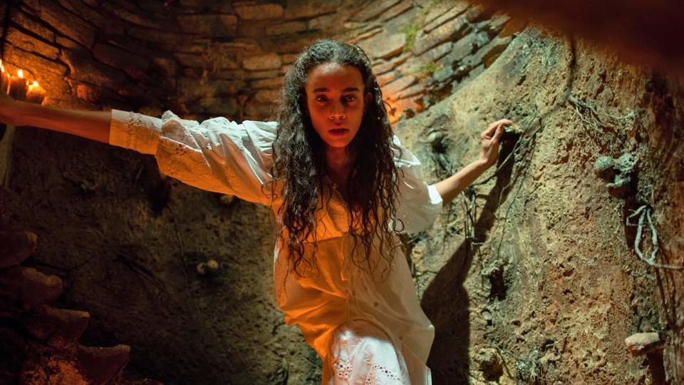 Hannah John-Kamen stars as a pregnant British woman who leaves behind her city home for a place in the Irish country and comes upon a group of odd little goblins in the folk horror film "Unwelcome."