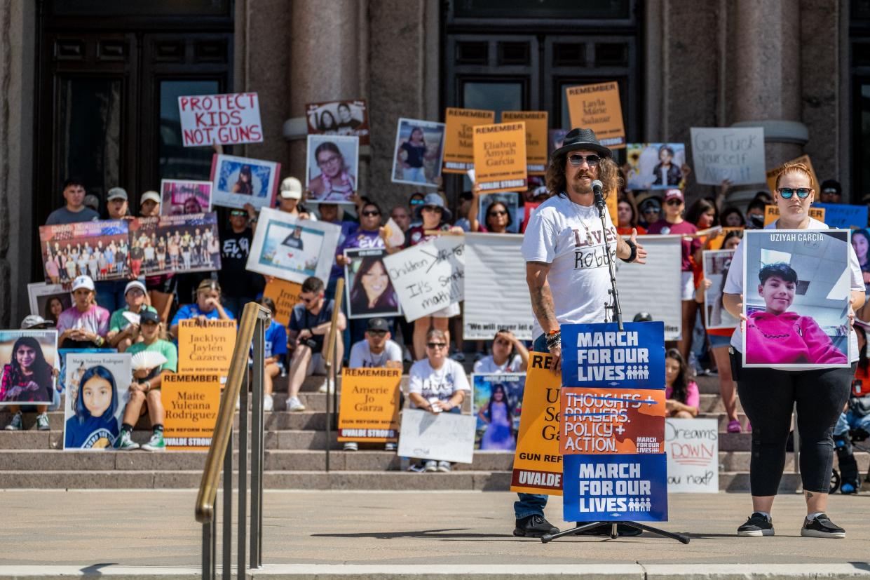 The Garcia family speak about their child Uziyah Garcia, who was murdered during the mass shooting at Robb Elementary School, during a March For Our Lives rally on August 27, 2022 in Austin, Texas.