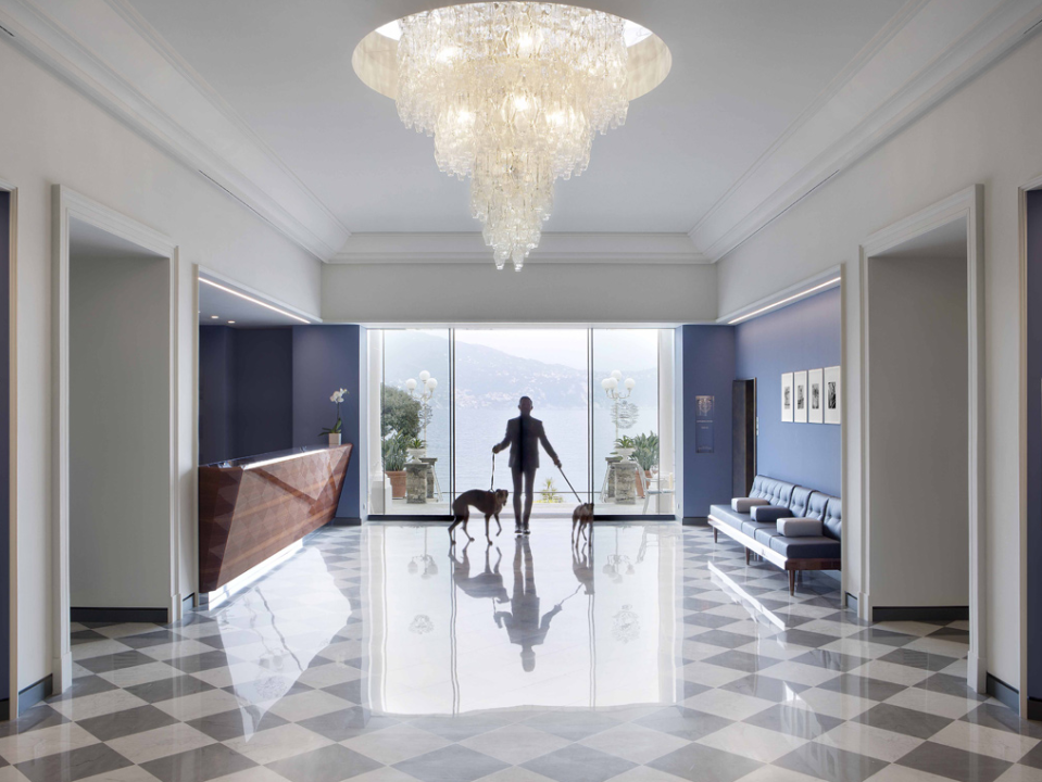 The lobby and its classic black and white marble tile floors.  Oh, and fur babies are welcome too. 