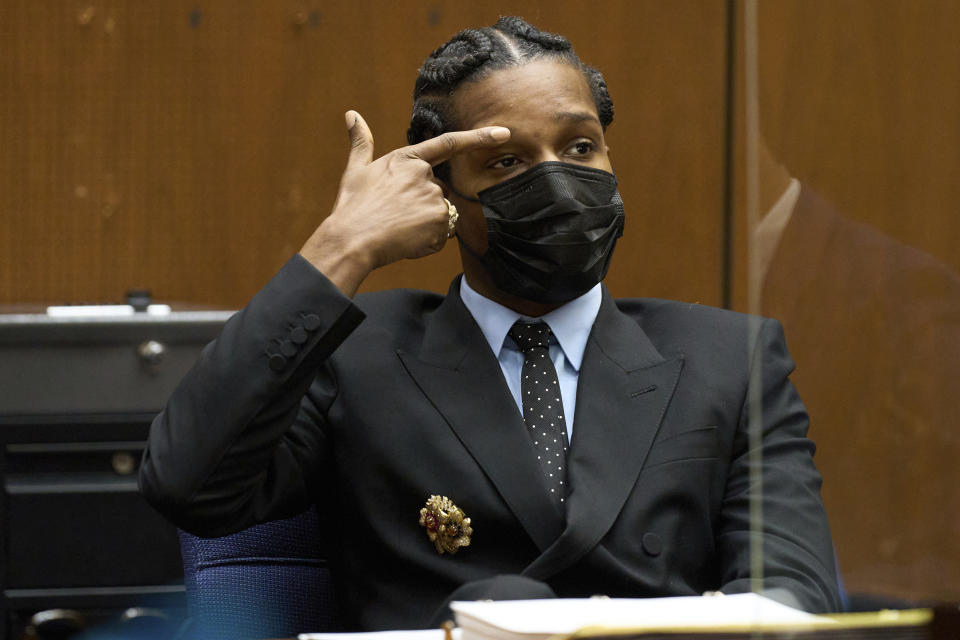 Rakim Mayers, aka A$AP Rocky, in the Clara Shortridge Foltz Criminal Justice Center during a preliminary hearing in his assault with a semiautomatic firearm case in Los Angeles on Monday, Nov. 20, 2023. The charges stem from a November 2021 incident where Rocky allegedly pointed a semi-automatic handgun at Terell Ephron and fired multiple times. (Allison Dinner/EPA via AP, Pool)