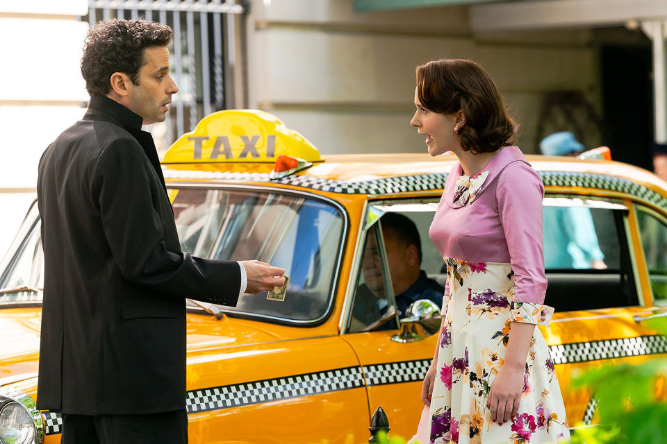 <p>On May 13, Brosnahan and Kirby acted out a scene in front of a vintage cab. </p>