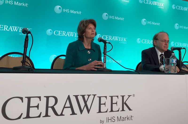 FILE PHOTO: U.S. Senator from Alaska Murkowski, speaks with energy scholar Yergin, at the annual CERAWeek energy conference in Houston