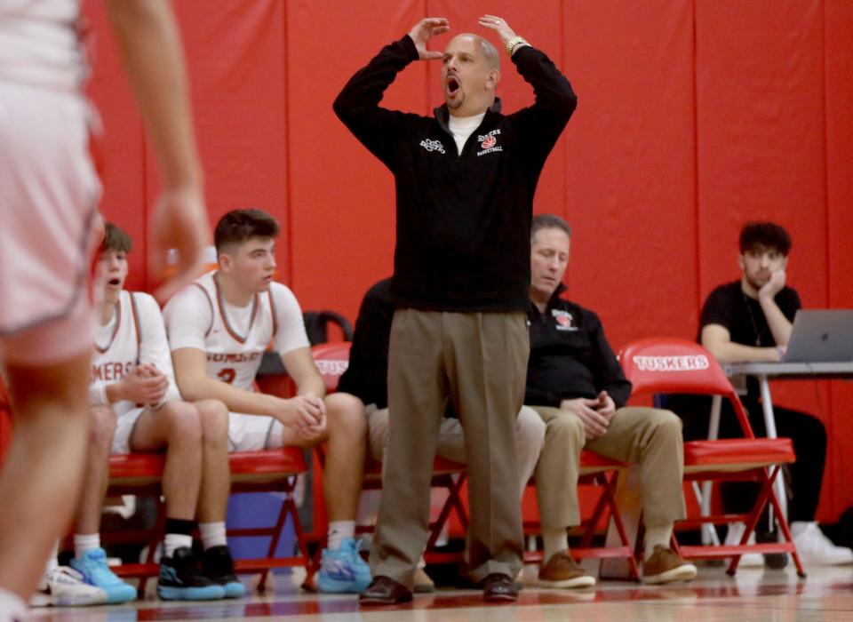 Somers basketball coach Chris DiCintio reacts to a call during a game against Eastchester Jan. 11, 2023. Somers defeated Eastchester 80-70.