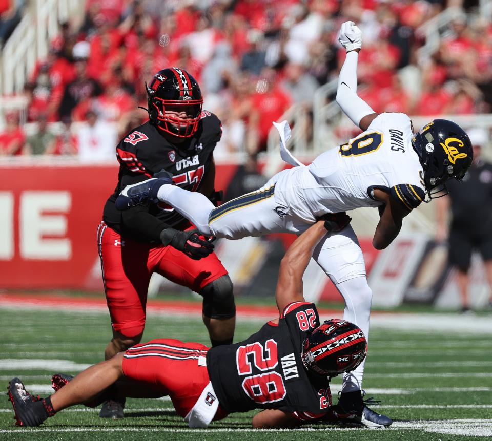 Utah Utes safety Sione Vaki (28) tires to tackle California Golden Bears wide receiver Taj Davis (9) in Salt Lake City on Saturday, Oct. 14, 2023. | Jeffrey D. Allred, Deseret News