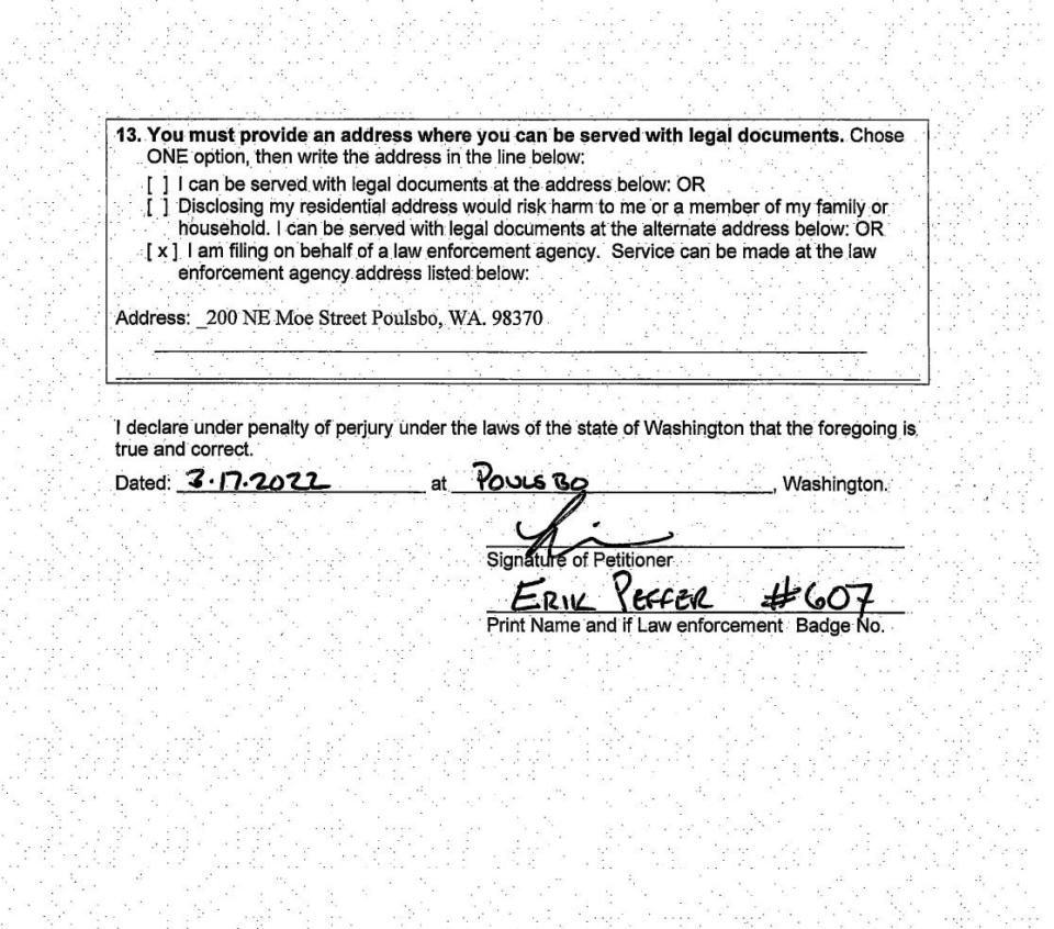 Poulsbo police Detective Erik Peffer signed this court document under the penalty of perjury when he should have known it contained inaccurate information, prosecutors say, leading to Peffer's inclusion on the county's 'Brady list.'