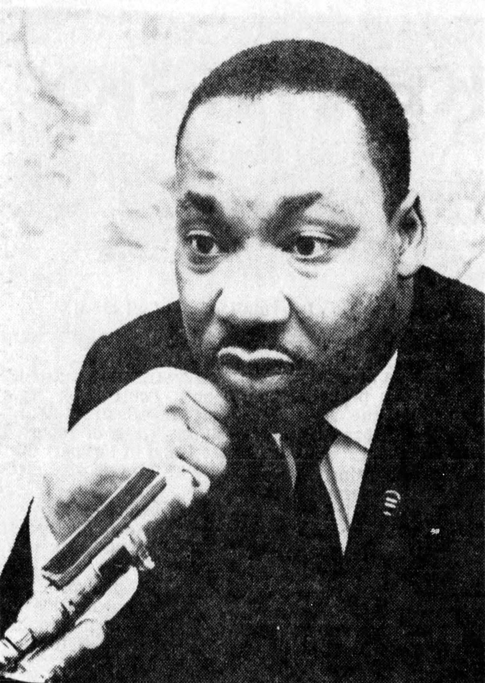 The Rev. Martin Luther King Jr. spoke to reporters before his speech at Cincinnati Gardens in 1964.