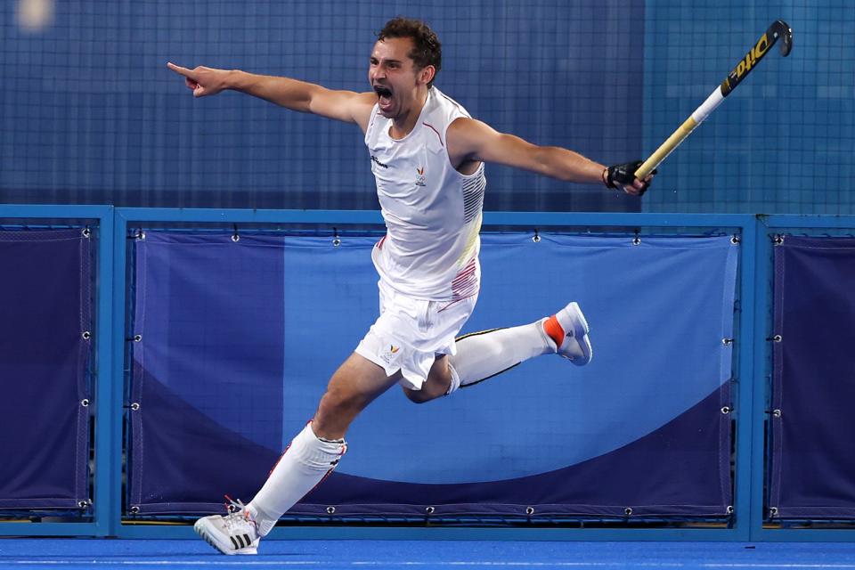 <p>Florent van Aubel of Team Belgium celebrates after scoring the team's first goal during the Men's Gold Medal match between Australia at Oi Hockey Stadium on August 5.</p>
