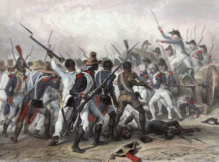<span class="caption">Illustration depicting combat between French and Haitian troops during the Haitian Revolution.</span> <span class="attribution"><a class="link " href="https://en.wikipedia.org/wiki/Haitian_Revolution#/media/File:Haitian_Revolution.jpg" rel="nofollow noopener" target="_blank" data-ylk="slk:Wikimedia;elm:context_link;itc:0;sec:content-canvas">Wikimedia</a></span>