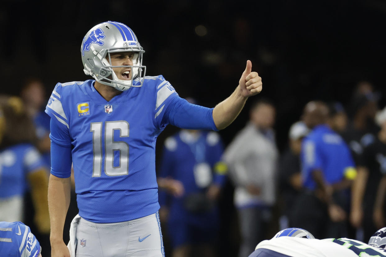 Detroit Lions quarterback Jared Goff (16) is leading a fun offense, but his team is just 1-3. (AP Photo/Rick Osentoski)