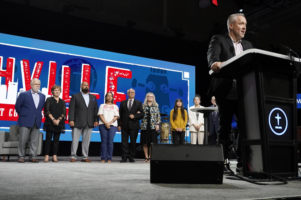 Outgoing Southern Baptist Convention President J. D. Greear speaks at the conclusion of the denomination's annual meeting Wednesday, June 16, 2021, in Nashville, Tenn. (AP Photo/Mark Humphrey)