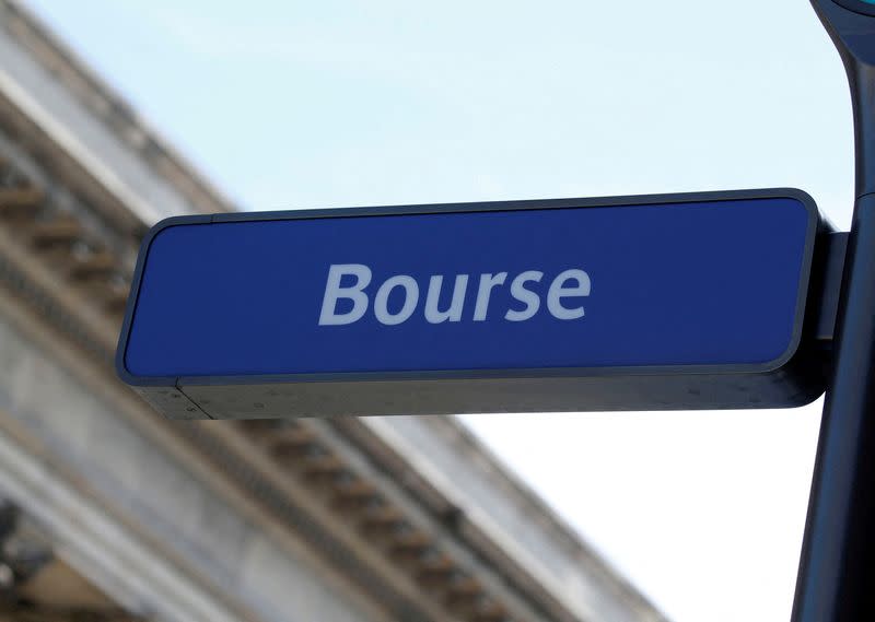 FILE PHOTO: The word Bourse is seen on a sign near the Palais Brongniart, former Paris Stock Exchange, located Place de la Bourse in Paris
