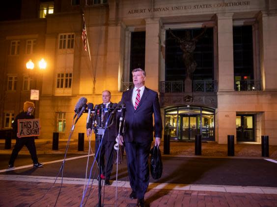 Paul Manafort's defense attorneys Kevin Downing (R) and Thomas Zehnle (L), briefly speak to the news media outside US District Court after a sentencing hearing in Alexandria, Virginia, USA, 07 March 2019. Manafort, who remains in federal custody, was sentenced to 47 months for defrauding banks and the government and failing to pay taxes on millions of dollars in income. ((Erik S. Lesser/EPA))