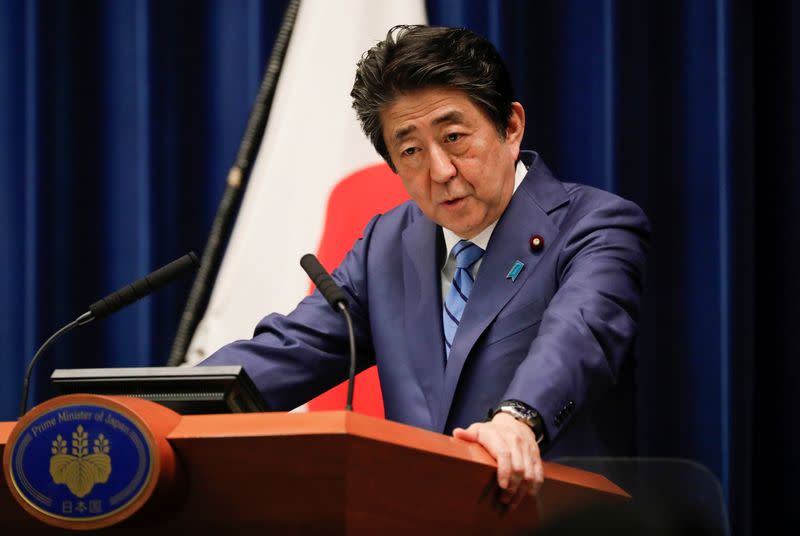 Japan's Prime Minister Shinzo Abe speaks during a news conference on Japan's response to the coronavirus outbreak at his official residence in Tokyo