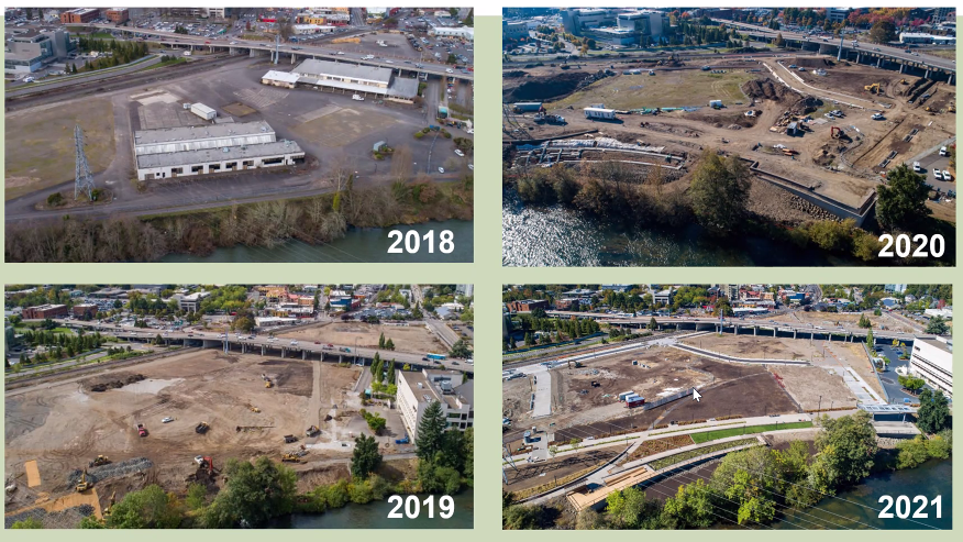 A screenshot from a presentation by Emily Proudfoot, a landscape architect for Eugene parks and the lead on the Downtown Riverfront Park, shows progress on the park over the years.