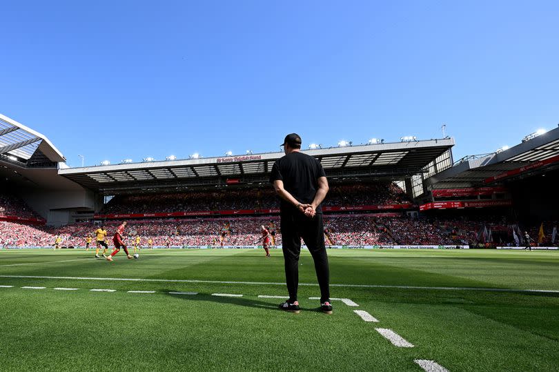 Manager Jürgen Klopp of Liverpool during the Premier League match between Liverpool FC and Wolverhampton Wanderers at Anfield on May 19, 2024 in Liverpool, England.