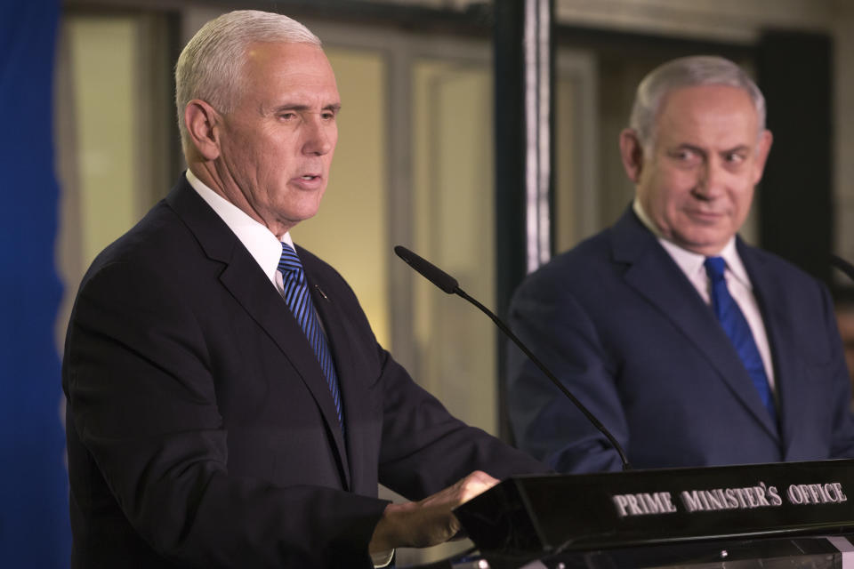 Vice President Mike Pence speaks at the residence in Jerusalem of Israel’s Prime Minister Benjamin Netanyahu (right) on Jan. 22. (AP Photo/Ariel Schalit, Pool)