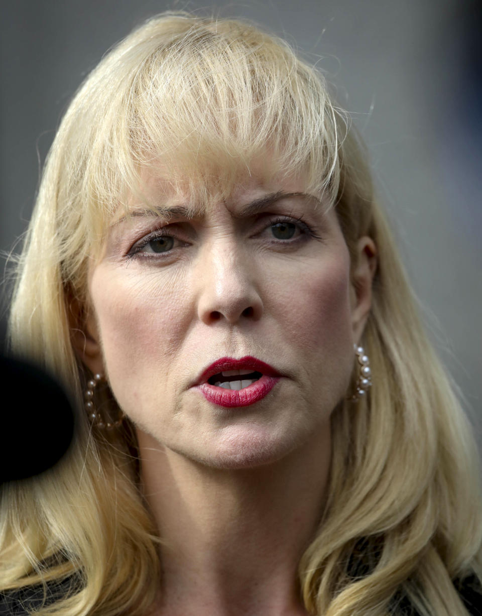 Sigrid McCawley, attorney for alleged sexual abuse victims of financier Jeffrey Epstein who committed suicide while awaiting trial, addresses media after a hearing in Manhattan Federal Court to discuss plans for unsealing more court records for a civil case against Epstein, Wednesday Sept. 4, 2019, in New York. (AP Photo/Bebeto Matthews)