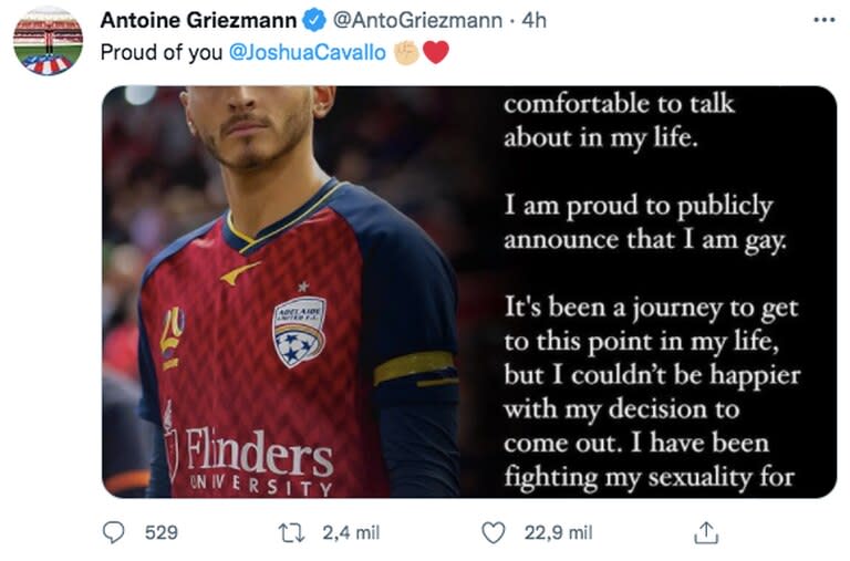 El apoyo de Antoine Griezmann a Joshua Cavallo tras su declaración