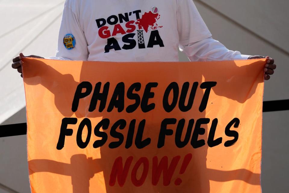 A person holds a sign reading ‘Phase out fossil fuels now!’ during a demonstration for a just and equitable transition from fossil fuels at Cop28 (AP)