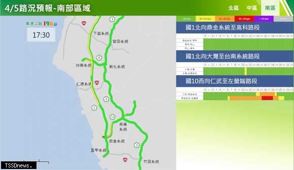 清明節連假收假日路況預測（南區）。（圖：高公局提供）