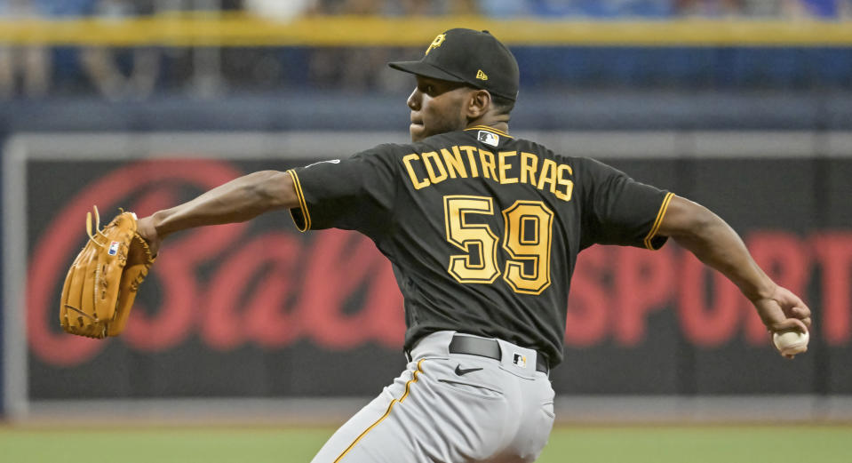 Pittsburgh Pirates starter Roansy Contreras pitches against the Tampa Bay Rays during the first inning of a baseball game Sunday, June 26, 2022, in St. Petersburg, Fla. (AP Photo/Steve Nesius)