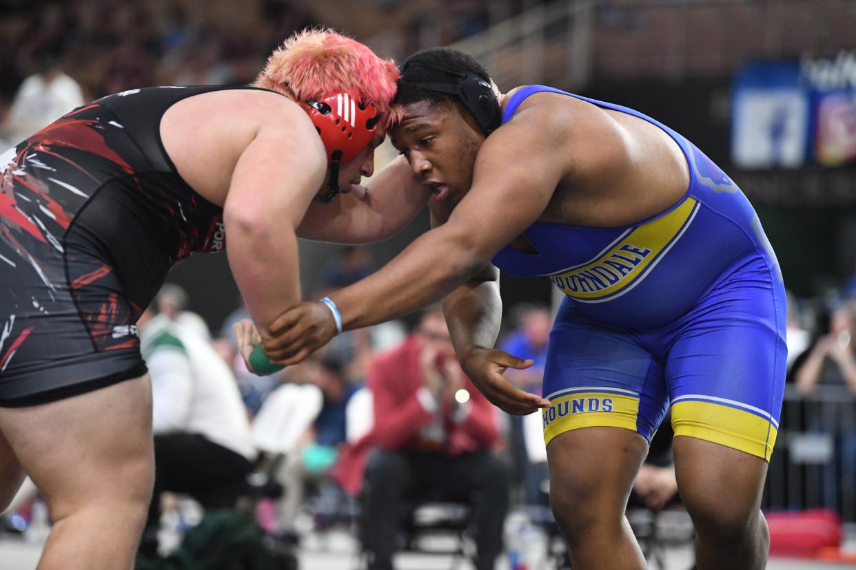 Auburndale's Nate Gabriel sets up against Port Charlotte's Vincent Chavez in state wrestling on Saturday, March 4, 2023, at the Silver Spurs Arena. Gabriel won his first state title.