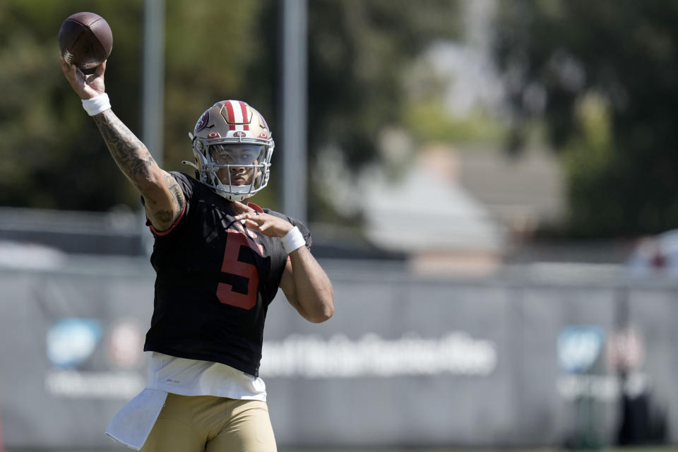 San Francisco 49ers quarterback Trey Lance throws a pass during NFL football training camp Friday, Aug. 4, 2023, in Santa Clara, Calif. (AP Photo/Godofredo A. Vásquez)