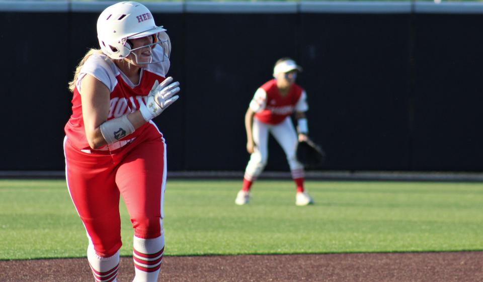 Holiday baserunner Peyton Murray digs toward third in the fifth inning of Thursday game against Coahoma. Murray reached on an error but was left stranded.