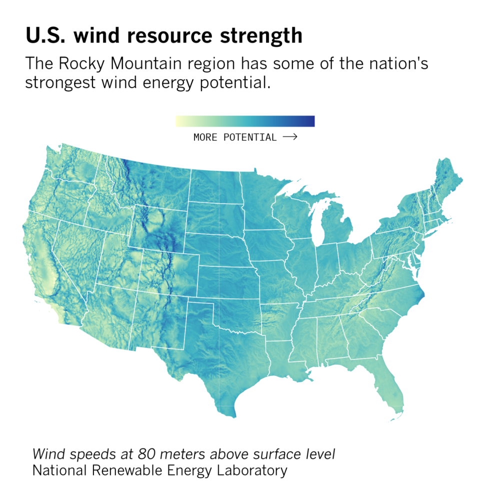 A map of U.S. wind resource strength.